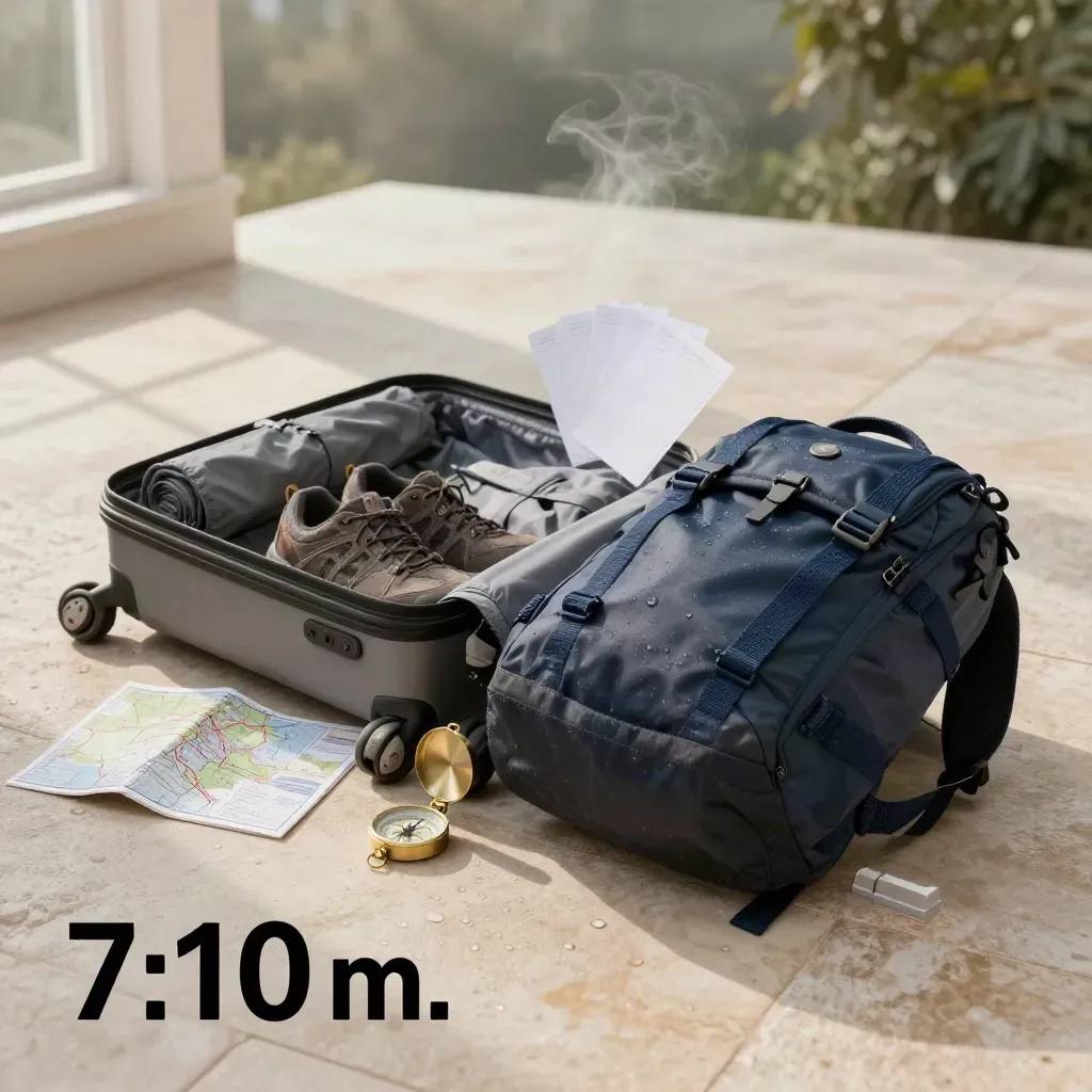 Half-packed suitcase, shoes, daypack and itinerary cards on a rain-washed stone terrace at dawn.