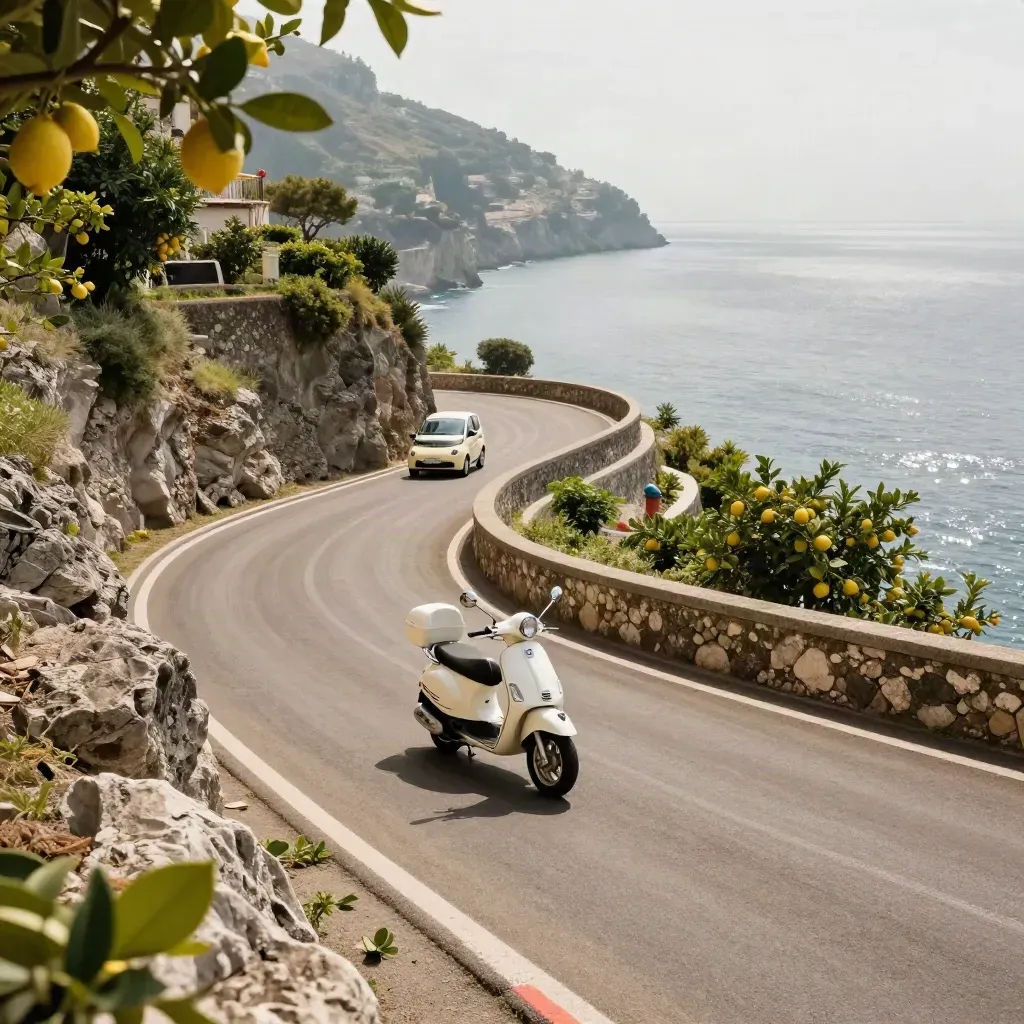 Amalfi Coast switchback road, scooter turnout, car rounding a bend, sea below