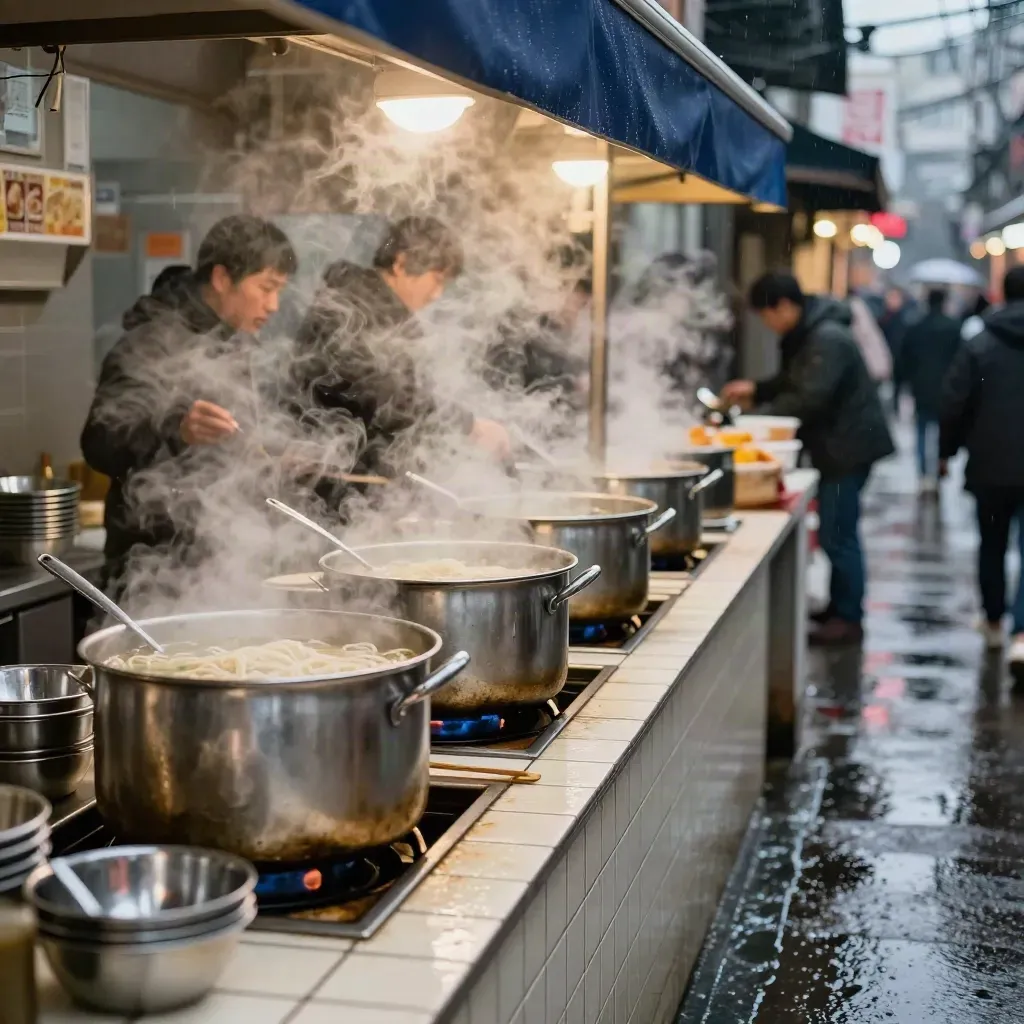 Rainy Seoul noodle stall with steaming pots and wet pavement reflections