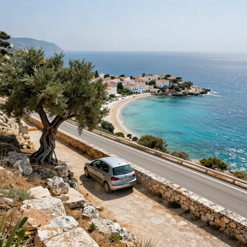 Clifftop Crete turnout with olive tree, stone wall, parked car, bay, and village below.