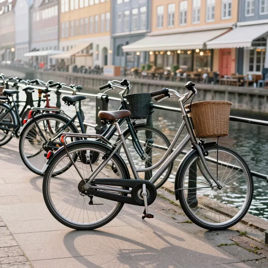 Parked Copenhagen bikes by a canal, café facade and pale paving stones in soft morning light.