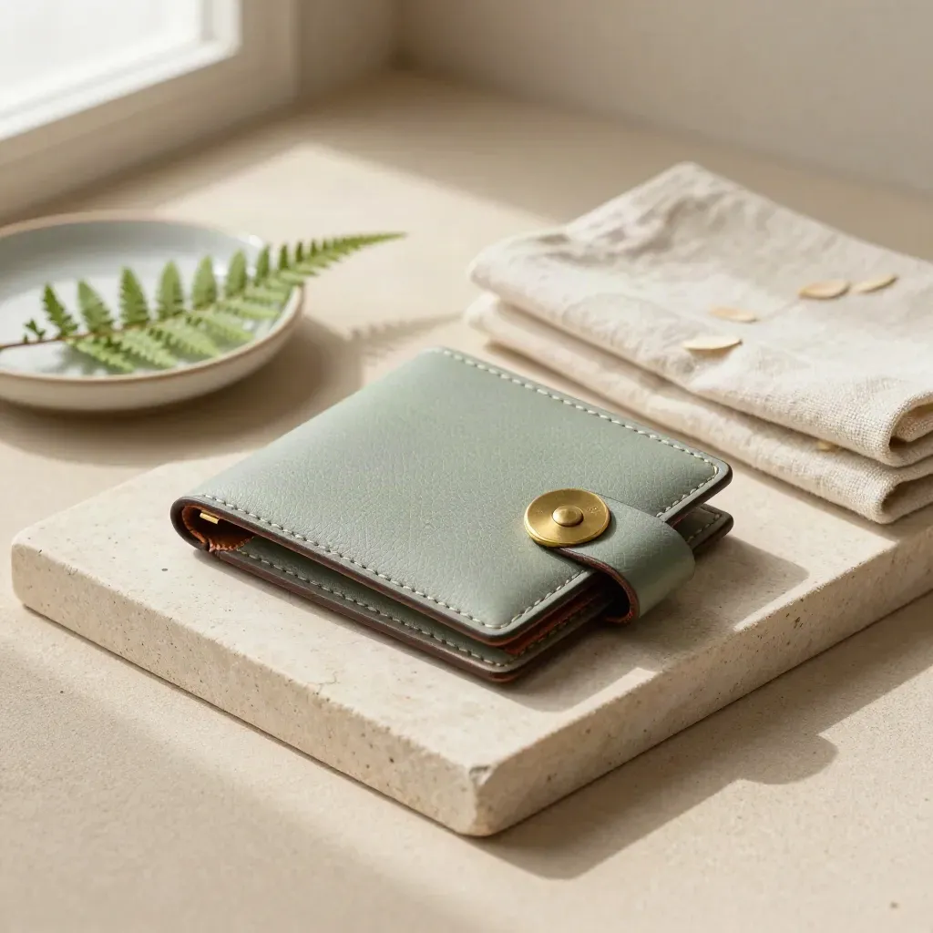 Stone tray with a city-map wallet, brass transit token, fern sprig, dish, and folded linen.